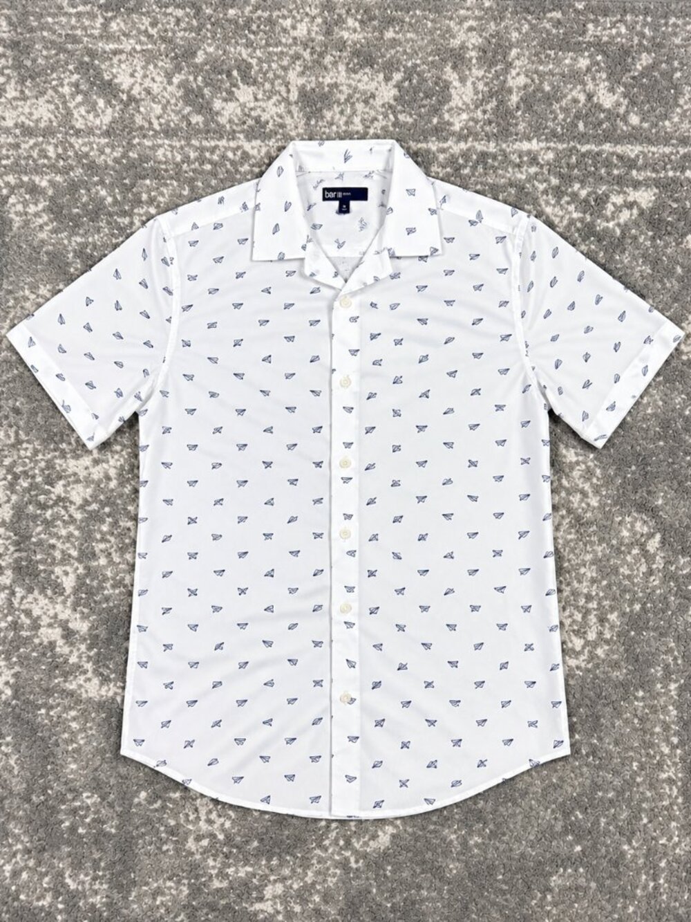 Bar III White Blue Paper Airplane Print Short Sleeve Button Up Shirt